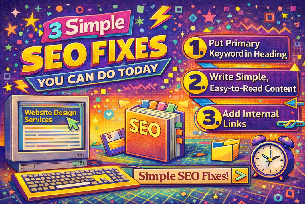 a retro graphic image showcasing 3 simple seo fixes you can do today