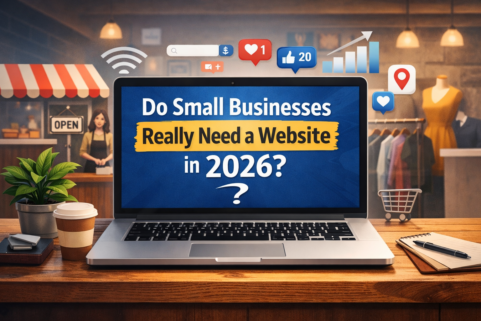a graphic image of a laptop with text that reads "Do Small Businesses Really Need a Website in 2026?"